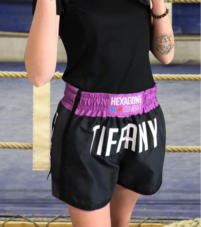 short avec mesh personnalisé de kick boxing hexagone combat femme face